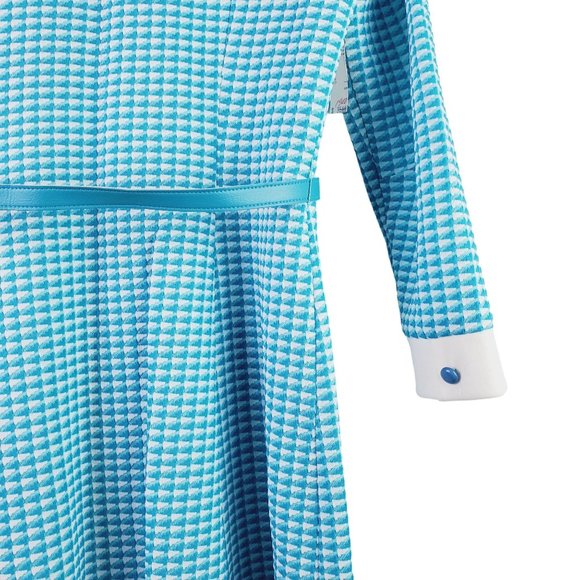 Vintage 60s Jean-Ann's ILGWU Cyan Blue Career Houndstooth Print Shirt Dress, 14 - Picture 4 of 9